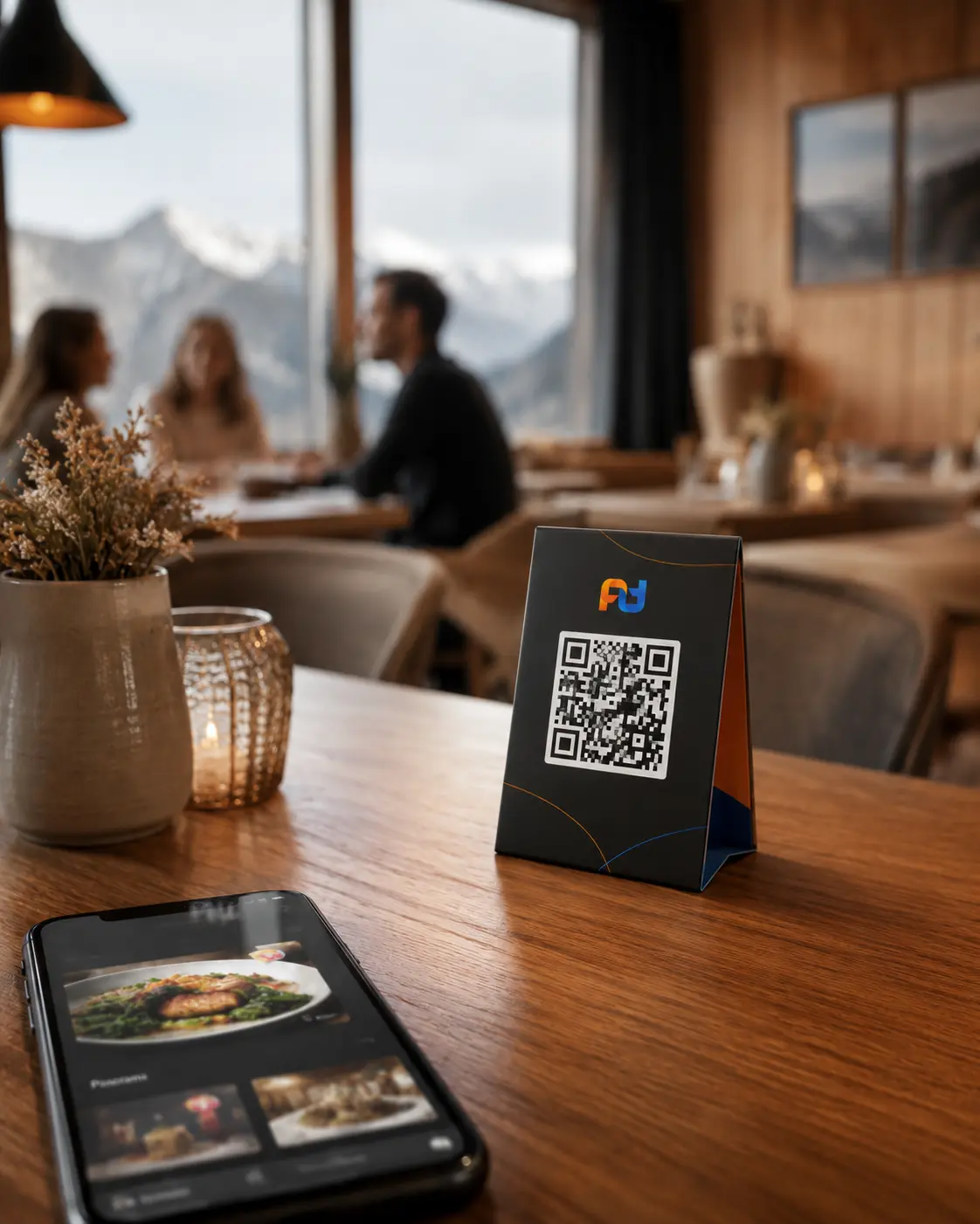 QR-Code Tischaufsteller und Smartphone mit digitaler Speisekarte in einem modernen Café.